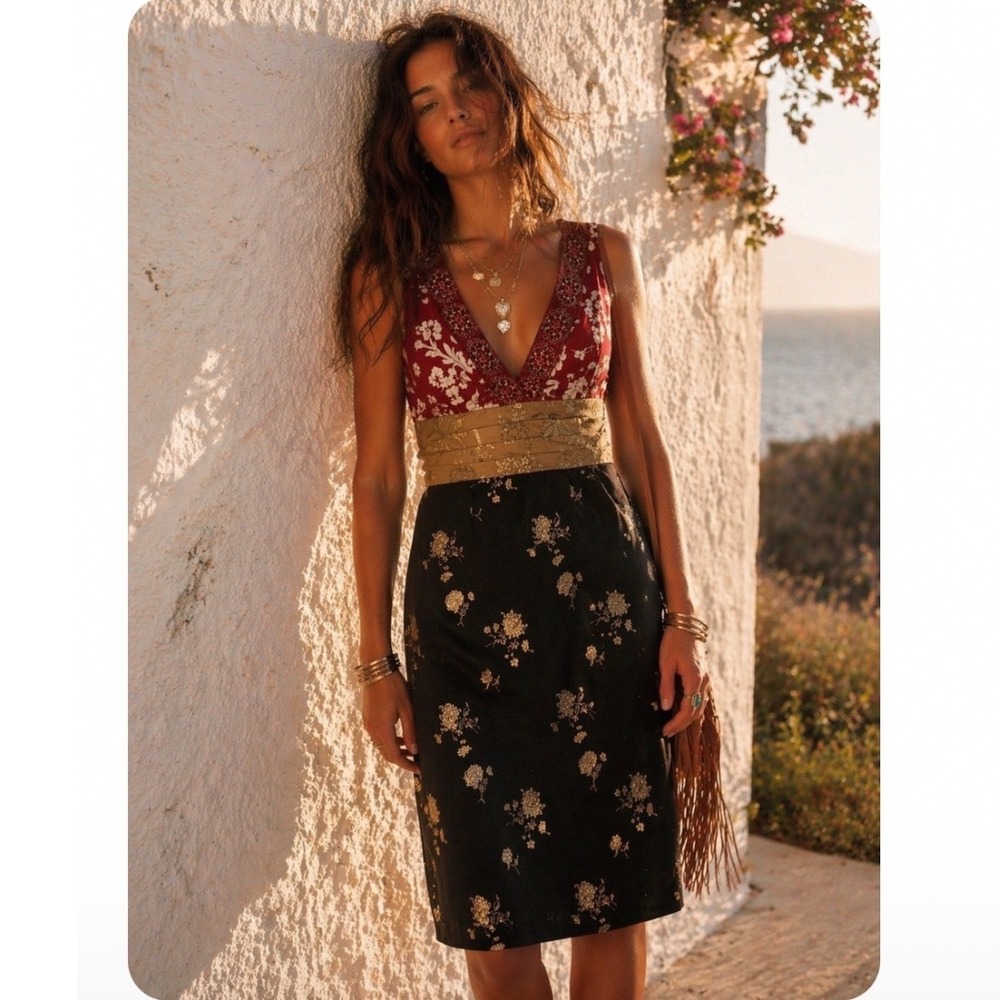 Phoebe Couture Burgundy, Gold & Black Floral Midi Dress